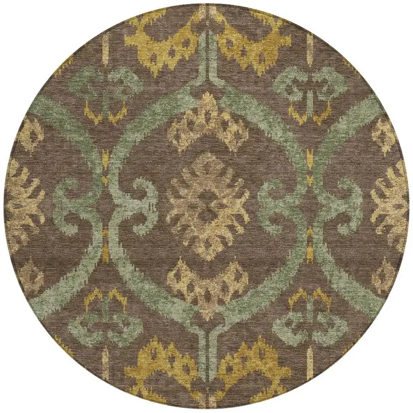8' Chocolate And Brown Round Ikat Washable Indoor Outdoor Area Rug Photo 3