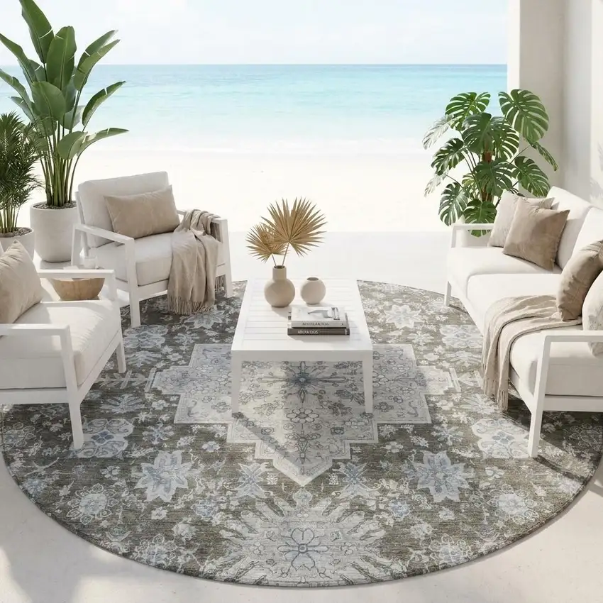 8' Chocolate And Brown Round Oriental Washable Indoor Outdoor Area Rug Photo 1