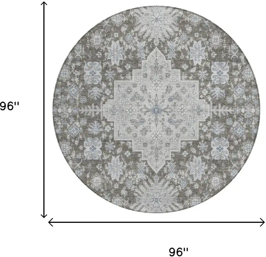 8' Chocolate And Brown Round Oriental Washable Indoor Outdoor Area Rug Photo 5