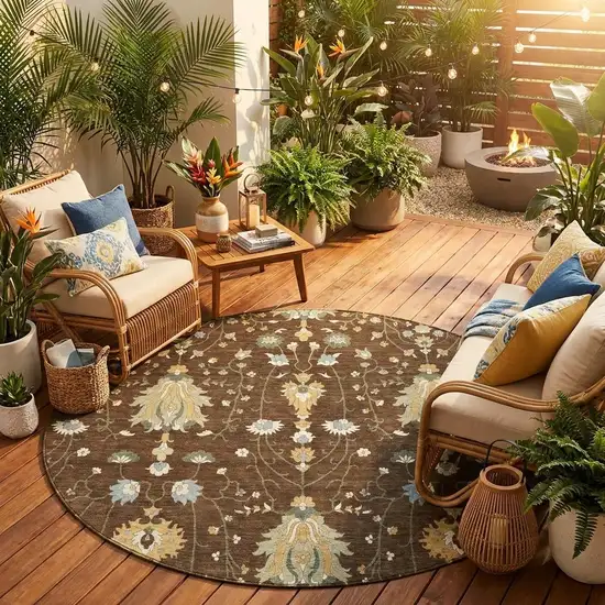 8' Chocolate And Brown Round Oriental Washable Indoor Outdoor Area Rug Photo 1