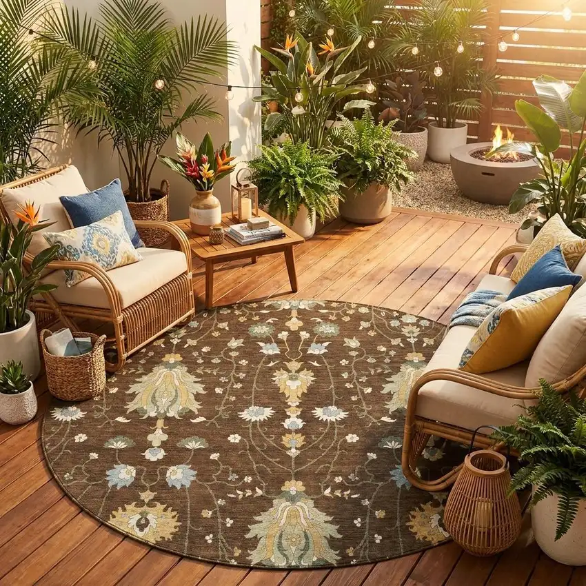 8' Chocolate And Brown Round Oriental Washable Indoor Outdoor Area Rug Photo 1