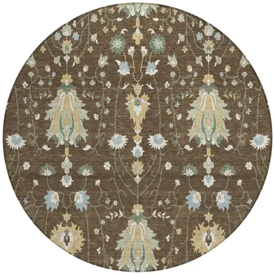 8' Chocolate And Brown Round Oriental Washable Indoor Outdoor Area Rug Photo 2