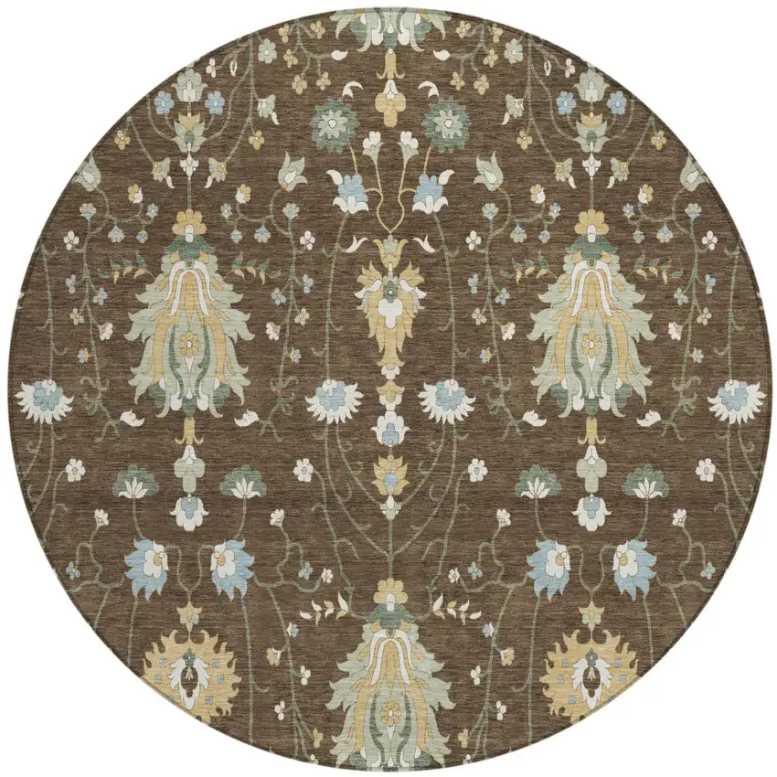 8' Chocolate And Brown Round Oriental Washable Indoor Outdoor Area Rug Photo 2