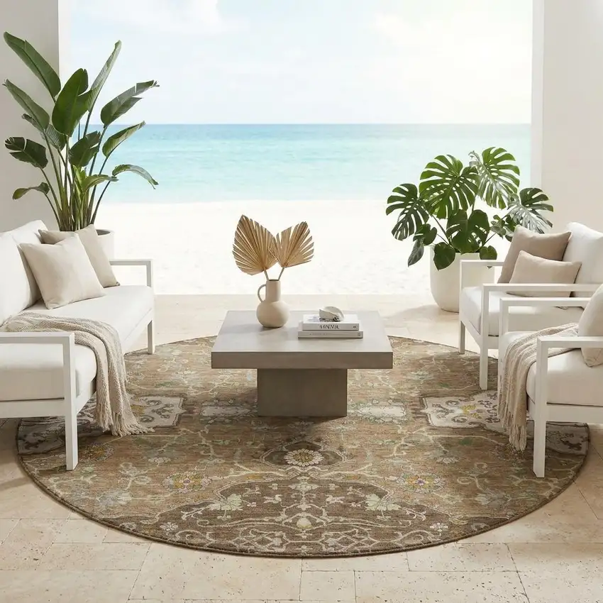 8' Chocolate And Brown Round Oriental Washable Indoor Outdoor Area Rug Photo 1