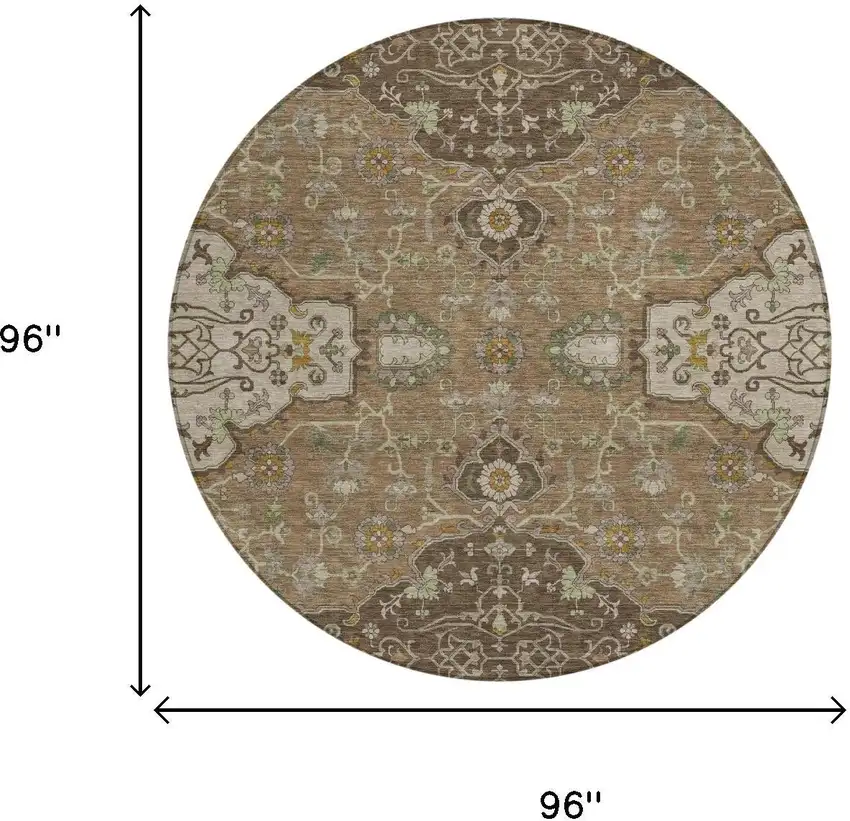 8' Chocolate And Brown Round Oriental Washable Indoor Outdoor Area Rug Photo 5