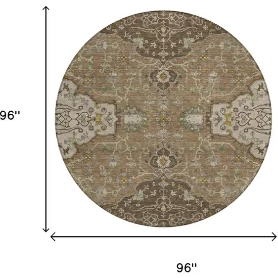 8' Chocolate And Brown Round Oriental Washable Indoor Outdoor Area Rug Photo 5