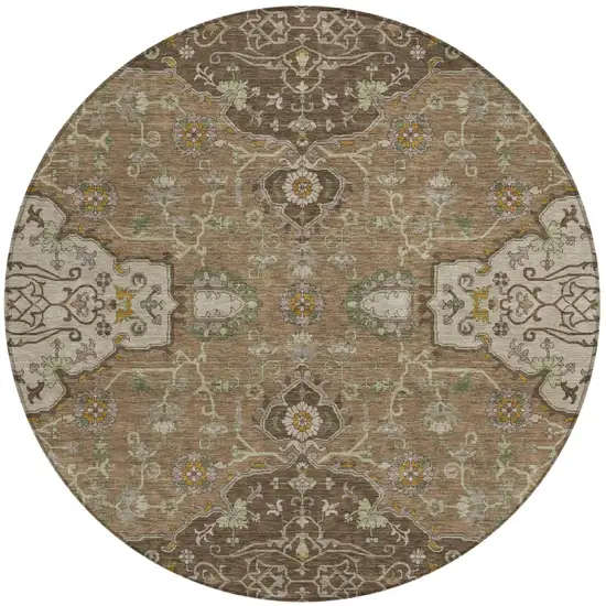 8' Chocolate And Brown Round Oriental Washable Indoor Outdoor Area Rug Photo 2