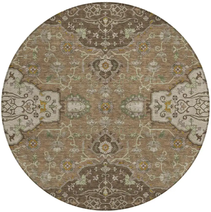 8' Chocolate And Brown Round Oriental Washable Indoor Outdoor Area Rug Photo 2