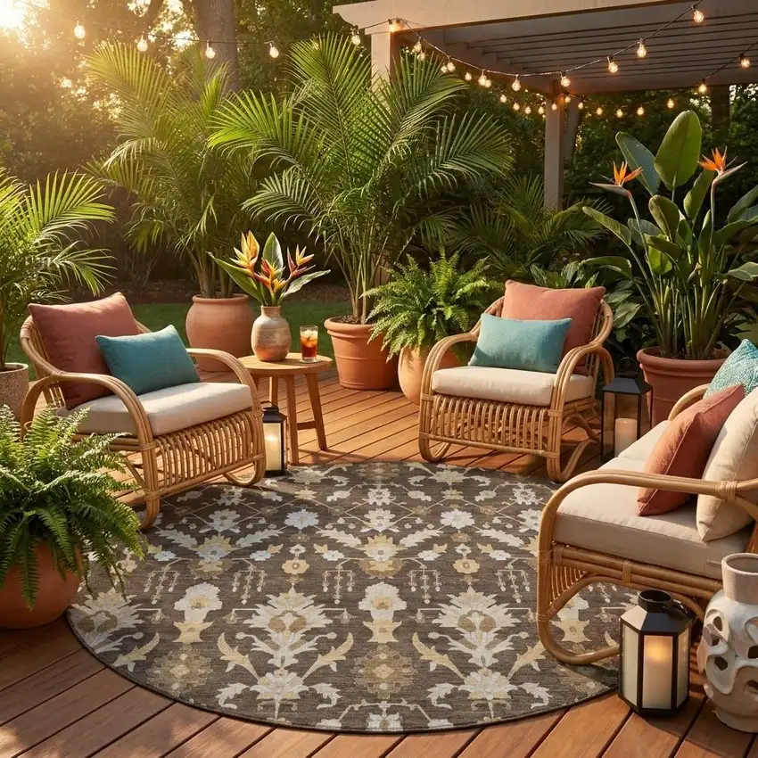 8' Chocolate And Brown Round Oriental Washable Indoor Outdoor Area Rug Photo 1