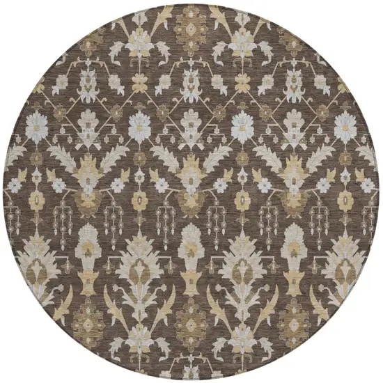 8' Chocolate And Brown Round Oriental Washable Indoor Outdoor Area Rug Photo 2