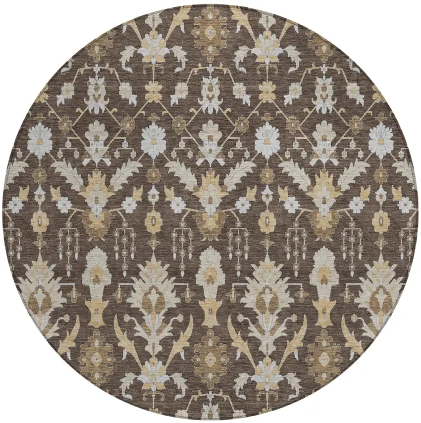 8' Chocolate And Brown Round Oriental Washable Indoor Outdoor Area Rug Photo 2