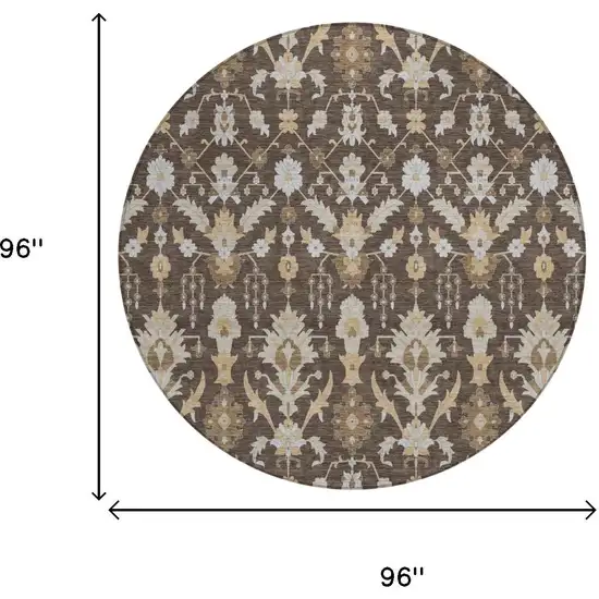 8' Chocolate And Brown Round Oriental Washable Indoor Outdoor Area Rug Photo 5