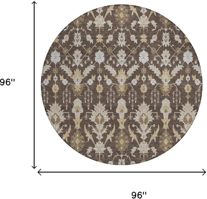 8' Chocolate And Brown Round Oriental Washable Indoor Outdoor Area Rug Photo 5