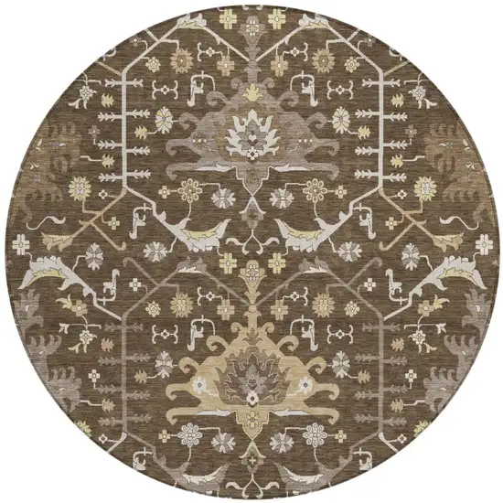 8' Chocolate And Brown Round Oriental Washable Indoor Outdoor Area Rug Photo 2