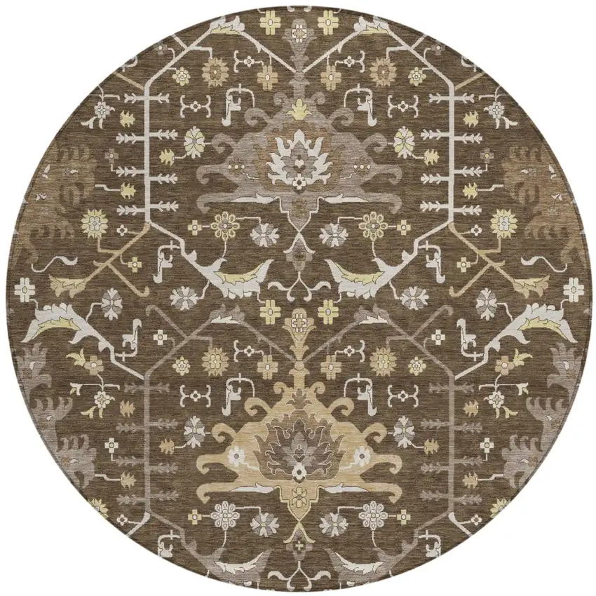 8' Chocolate And Brown Round Oriental Washable Indoor Outdoor Area Rug Photo 2