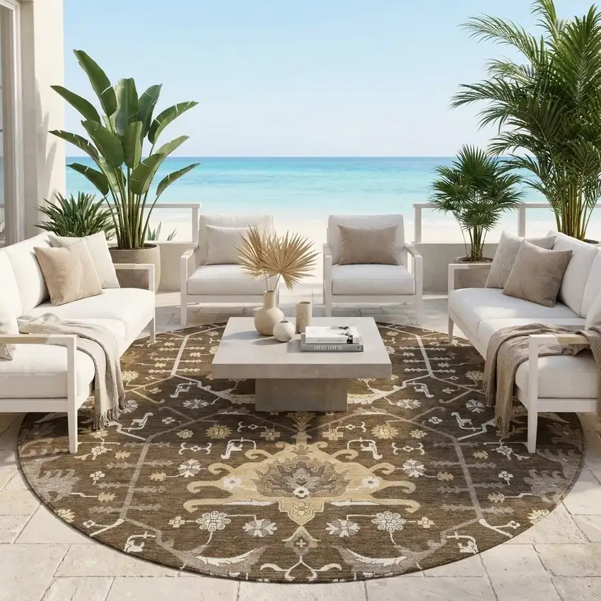8' Chocolate And Brown Round Oriental Washable Indoor Outdoor Area Rug Photo 1