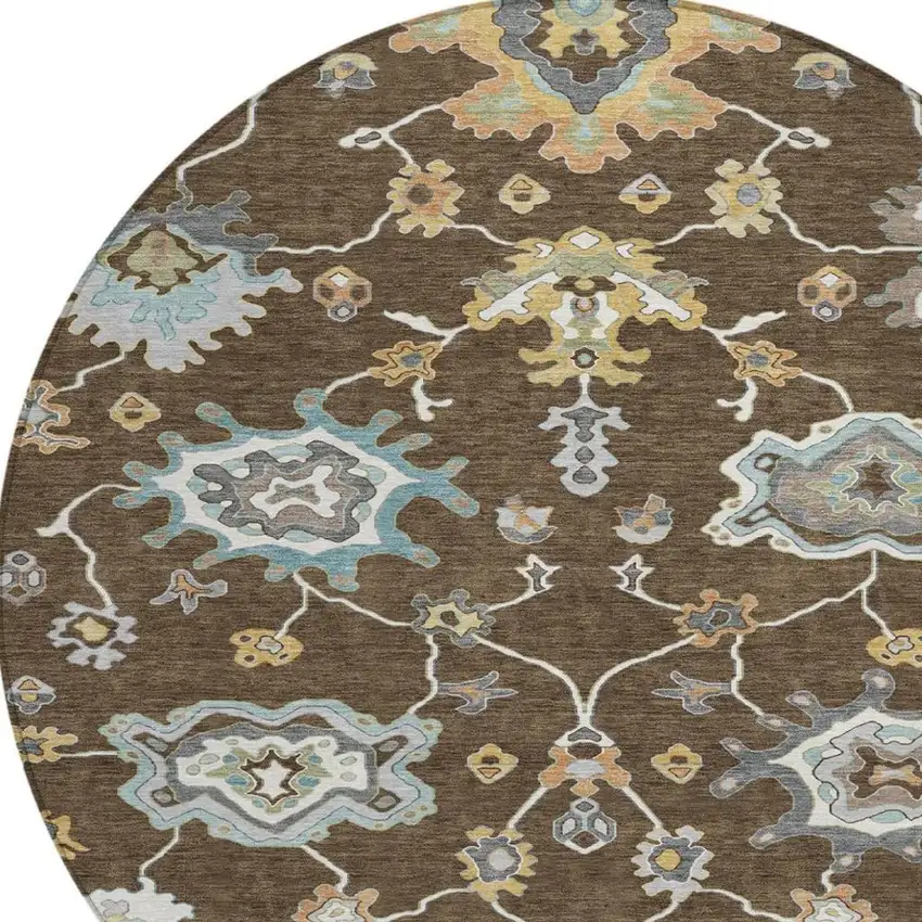 8' Chocolate And Brown Round Oriental Washable Indoor Outdoor Area Rug Photo 2