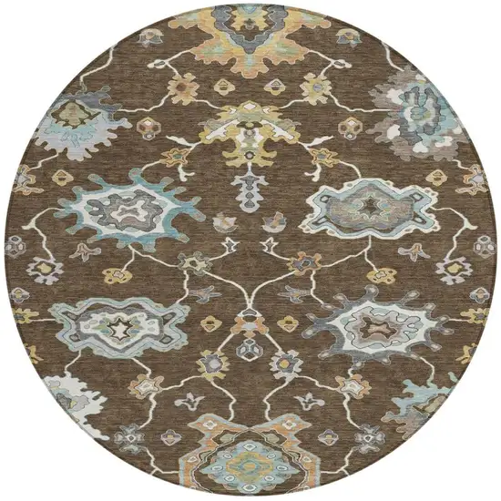 8' Chocolate And Brown Round Oriental Washable Indoor Outdoor Area Rug Photo 3