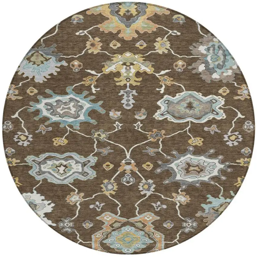 8' Chocolate And Brown Round Oriental Washable Indoor Outdoor Area Rug Photo 3
