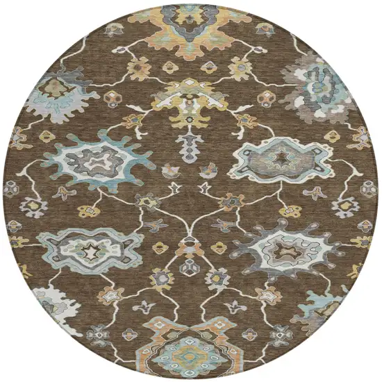 8' Chocolate And Brown Round Oriental Washable Indoor Outdoor Area Rug Photo 1