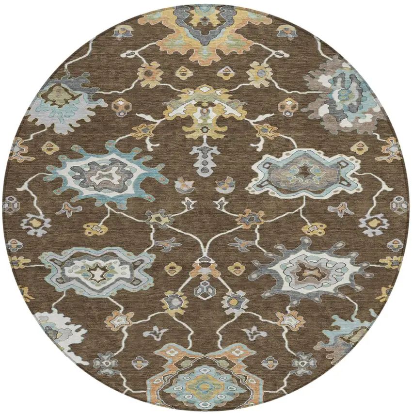 8' Chocolate And Brown Round Oriental Washable Indoor Outdoor Area Rug Photo 1