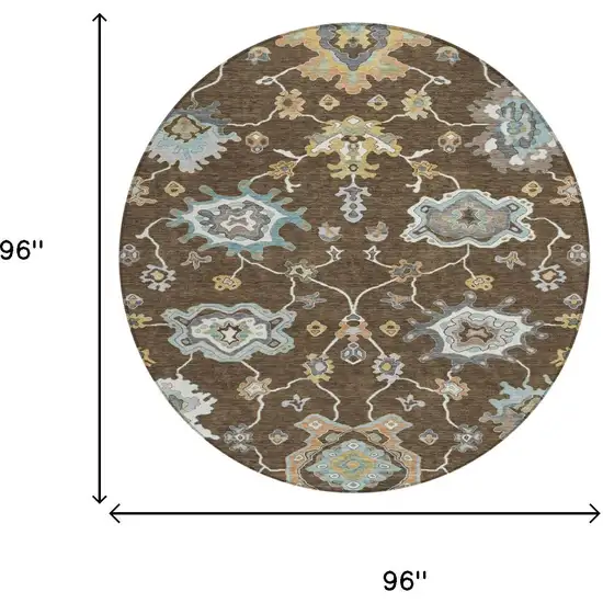 8' Chocolate And Brown Round Oriental Washable Indoor Outdoor Area Rug Photo 6
