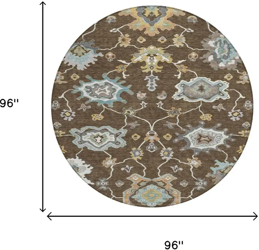 8' Chocolate And Brown Round Oriental Washable Indoor Outdoor Area Rug Photo 6