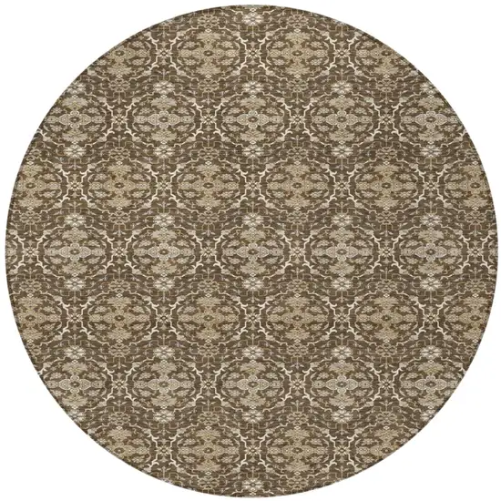 8' Chocolate And Brown Round Oriental Washable Indoor Outdoor Area Rug Photo 2