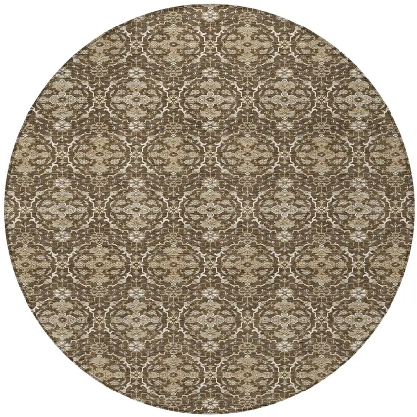 8' Chocolate And Brown Round Oriental Washable Indoor Outdoor Area Rug Photo 2