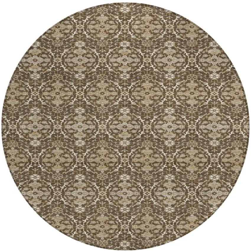 8' Chocolate And Brown Round Oriental Washable Indoor Outdoor Area Rug Photo 1