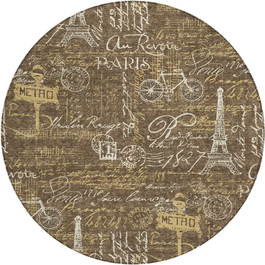 8' Chocolate And Brown Round Southwestern Washable Indoor Outdoor Area Rug Photo 1