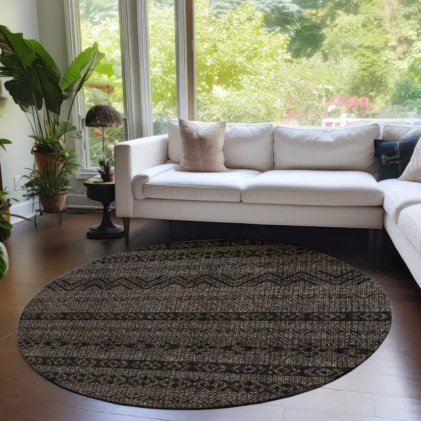 8' Chocolate And Brown Round Southwestern Washable Indoor Outdoor Area Rug Photo 7