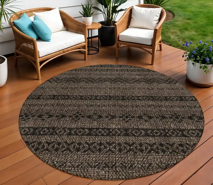 8' Chocolate And Brown Round Southwestern Washable Indoor Outdoor Area Rug Photo 1