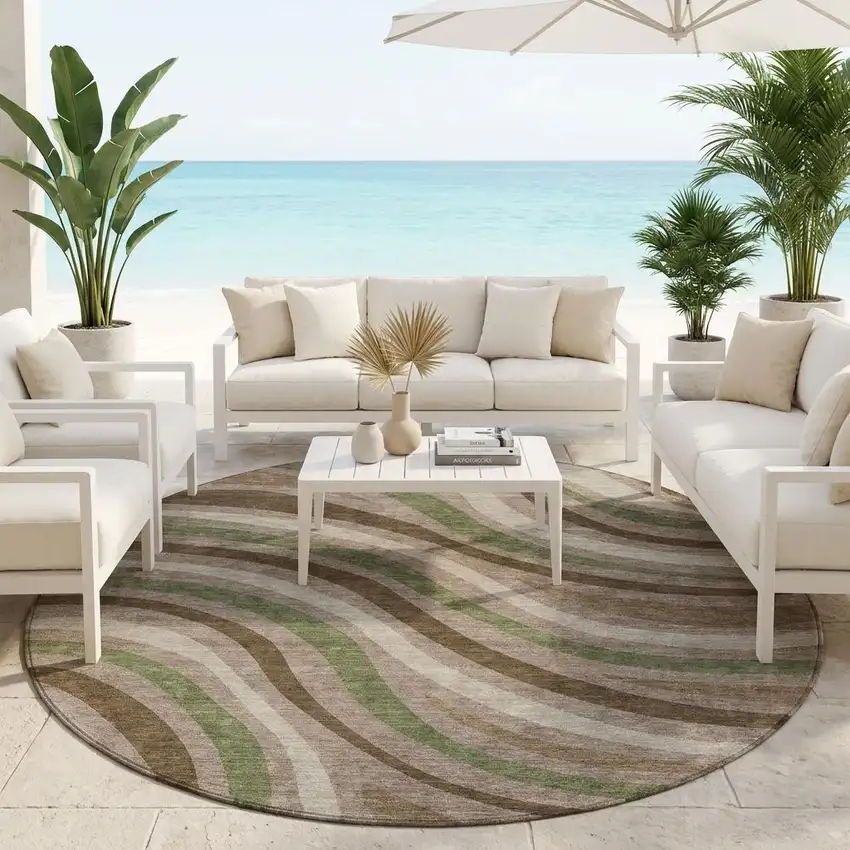 8' Chocolate And Brown Round Striped Washable Indoor Outdoor Area Rug Photo 1