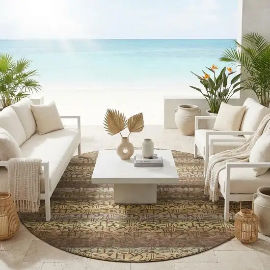 8' Chocolate And Brown Round Striped Washable Indoor Outdoor Area Rug Photo 1
