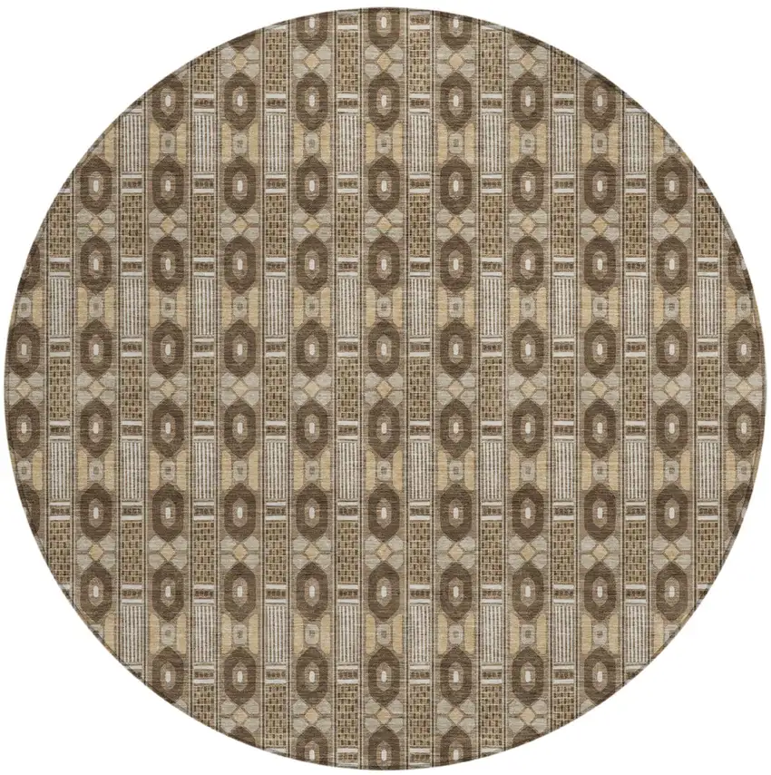 8' Chocolate And Brown Round Striped Washable Indoor Outdoor Area Rug Photo 2