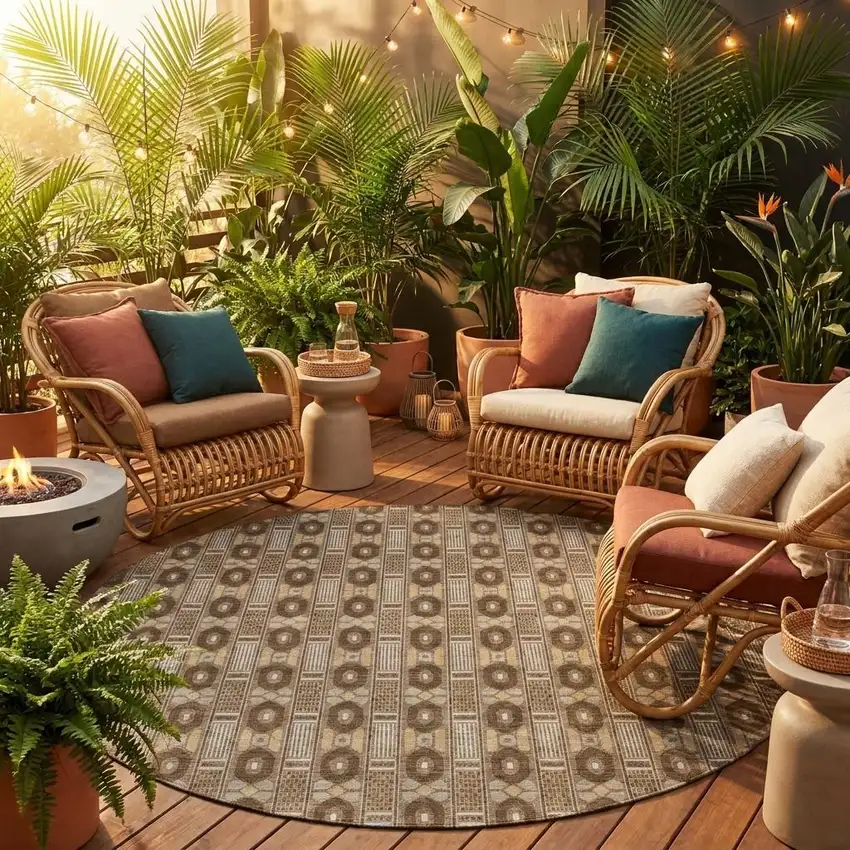 8' Chocolate And Brown Round Striped Washable Indoor Outdoor Area Rug Photo 1