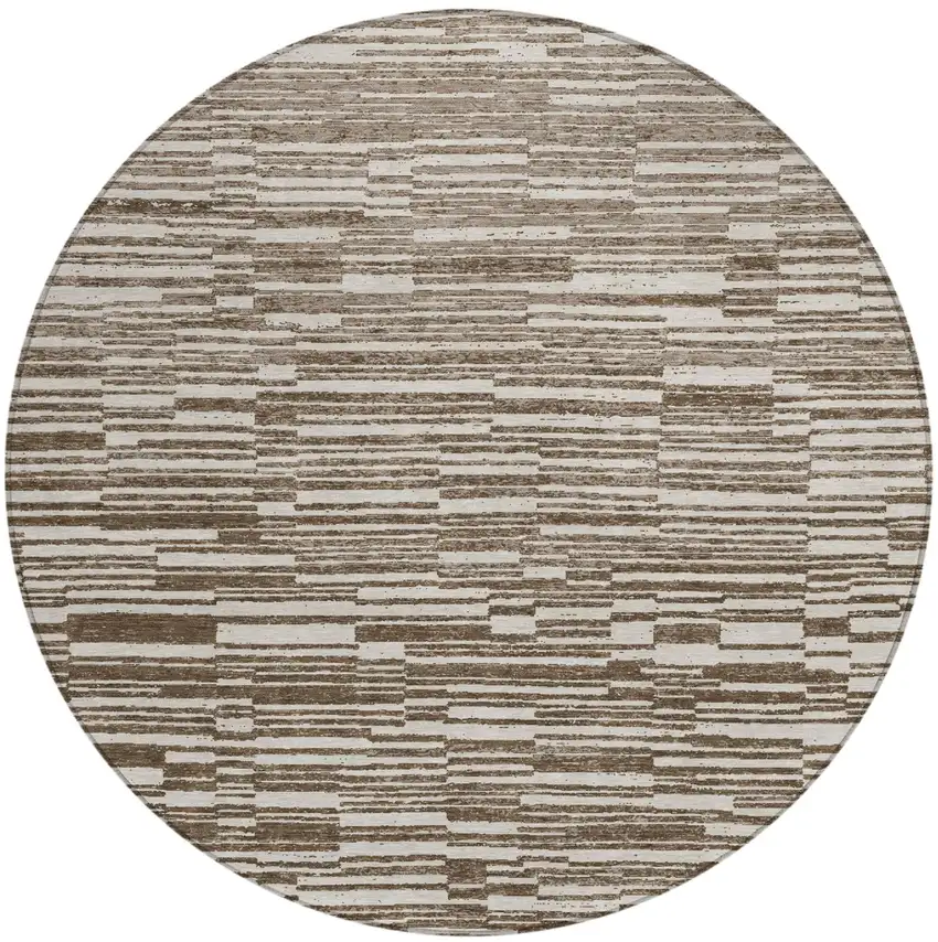 8' Chocolate And Brown Round Striped Washable Indoor Outdoor Area Rug Photo 2