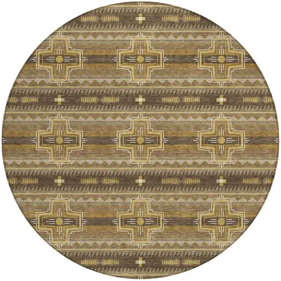 8' Chocolate And Brown Round Tribal Washable Indoor Outdoor Area Rug Photo 2