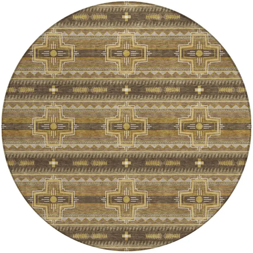 8' Chocolate And Brown Round Tribal Washable Indoor Outdoor Area Rug Photo 2
