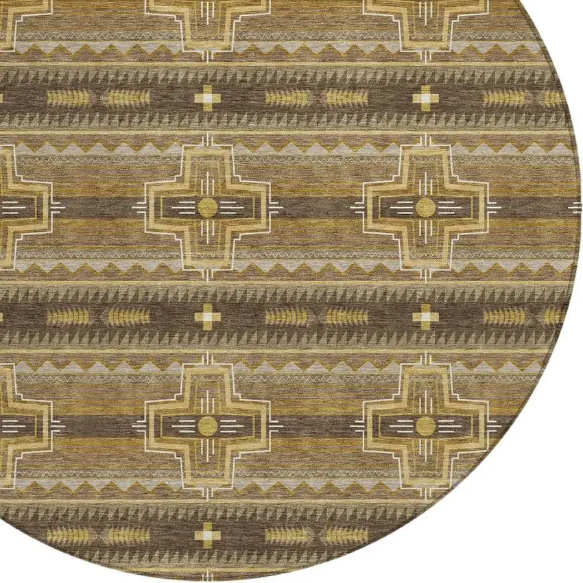 8' Chocolate And Brown Round Tribal Washable Indoor Outdoor Area Rug Photo 5