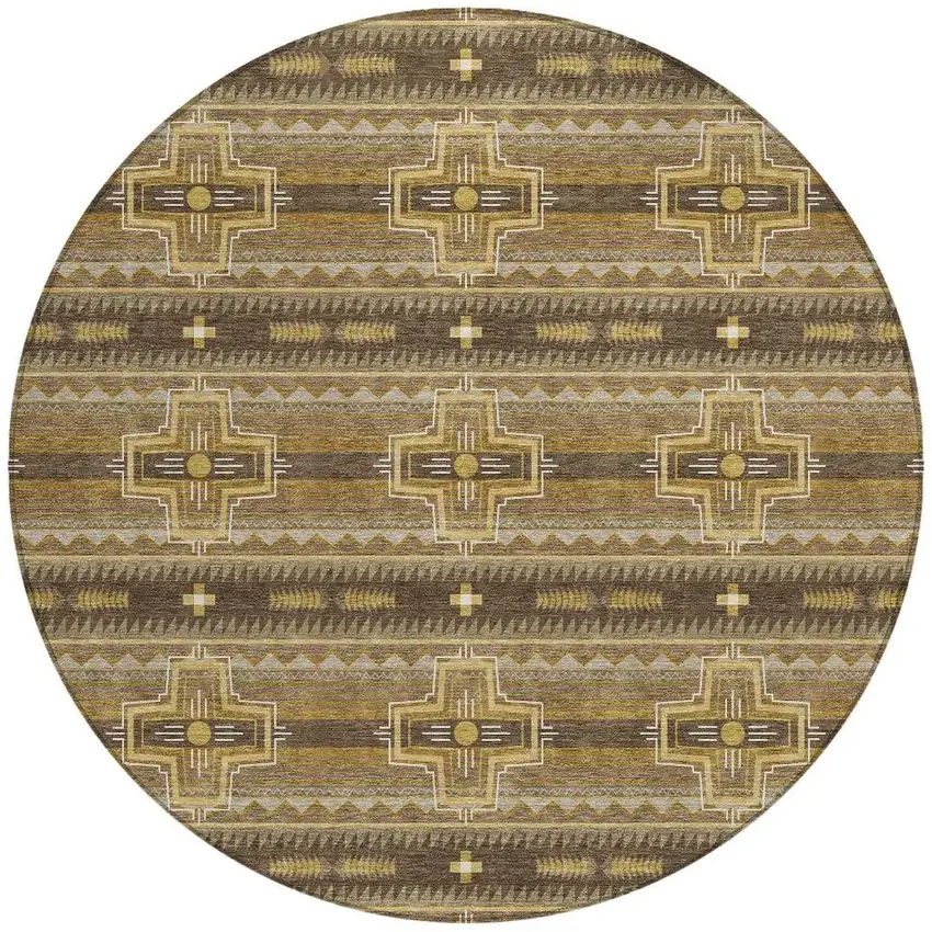 8' Chocolate And Brown Round Tribal Washable Indoor Outdoor Area Rug Photo 3