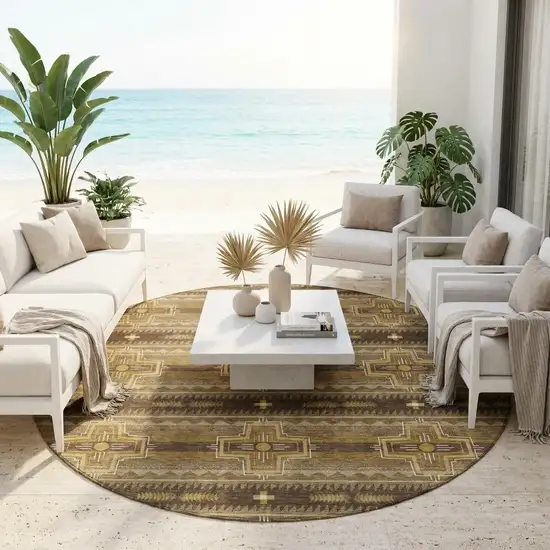 8' Chocolate And Brown Round Tribal Washable Indoor Outdoor Area Rug Photo 1