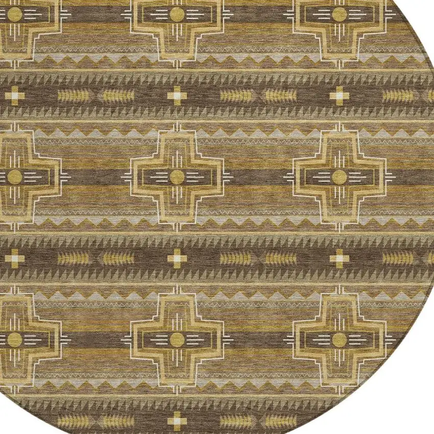8' Chocolate And Brown Round Tribal Washable Indoor Outdoor Area Rug Photo 4