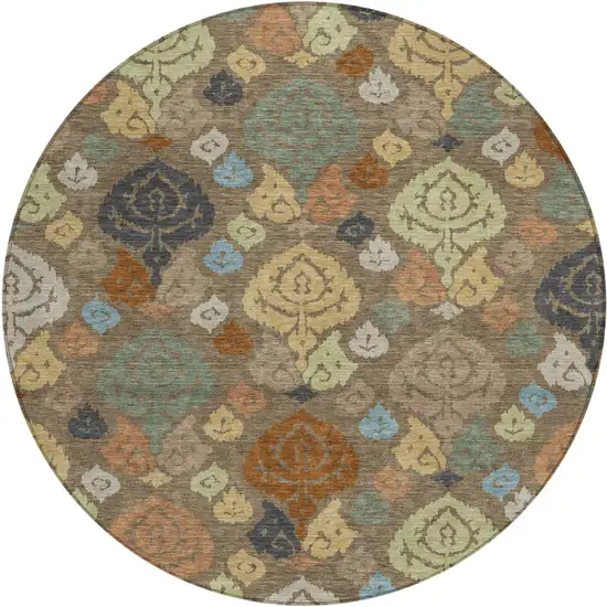 8' Chocolate And Charcoal Round Damask Washable Indoor Outdoor Area Rug Photo 1