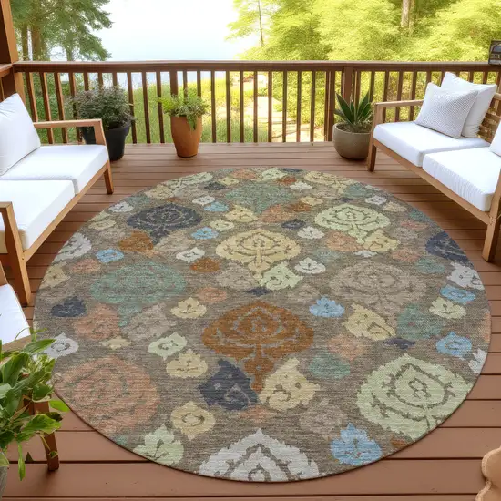 8' Chocolate And Charcoal Round Damask Washable Indoor Outdoor Area Rug Photo 4
