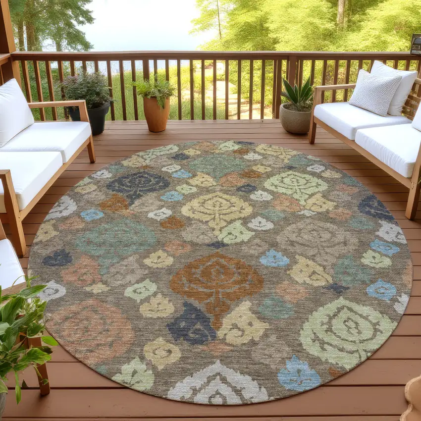 8' Chocolate And Charcoal Round Damask Washable Indoor Outdoor Area Rug Photo 4