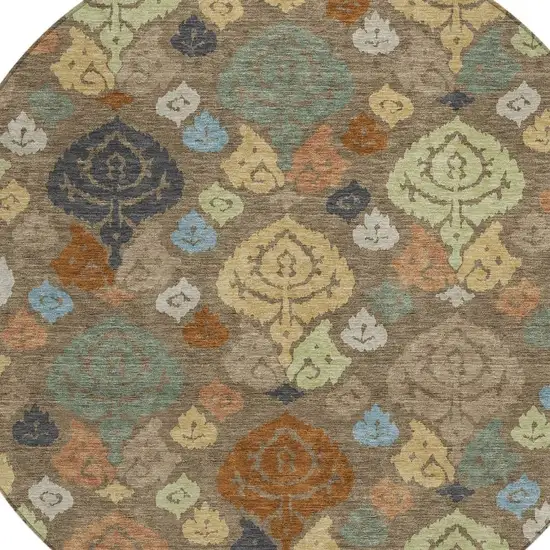 8' Chocolate And Charcoal Round Damask Washable Indoor Outdoor Area Rug Photo 2