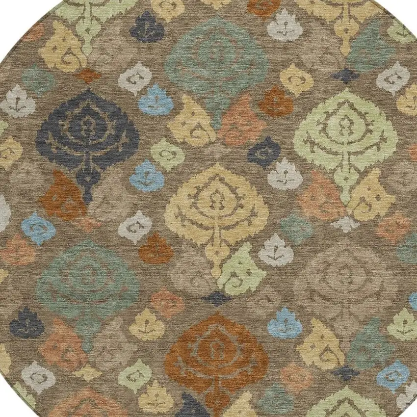 8' Chocolate And Charcoal Round Damask Washable Indoor Outdoor Area Rug Photo 2