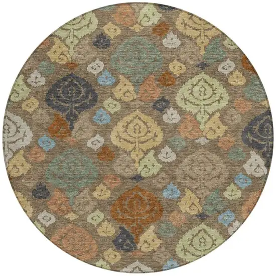 8' Chocolate And Charcoal Round Damask Washable Indoor Outdoor Area Rug Photo 3